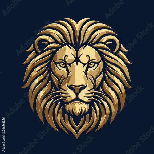 Detailed golden lion head mascot on dark background.