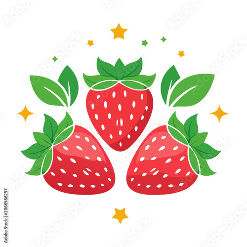 Flat Design Illustration of Strawberries with Leaves and Stars