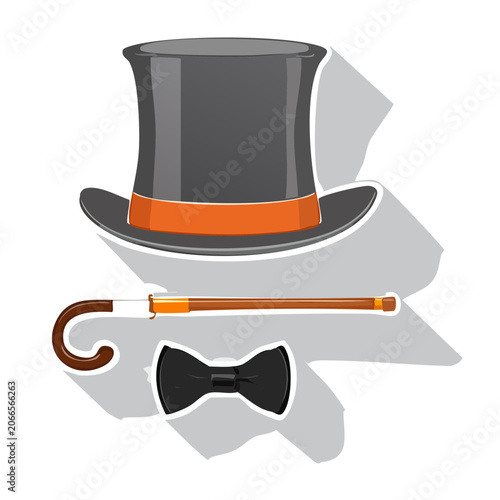 Flat design top hat, cane, and bow tie set