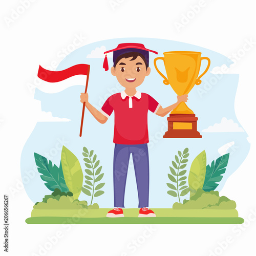 Graduation Celebration with Trophy and Indonesian Flag
