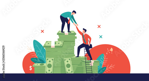Generous businessman standing on a huge stack of money reaching down to help another man climb up a ladder to success.