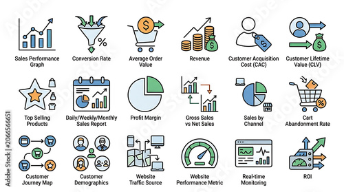 Infographics illustrating various e-commerce and marketing performance indicators appear in a colorful set.