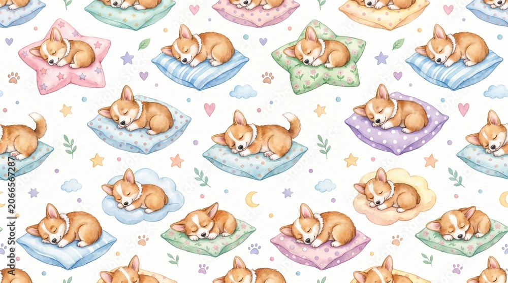 Fototapeta premium Seamless Watercolor Pattern of Cute Sleeping Baby Corgi Puppies