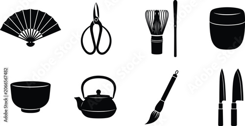 Foto Traditional Japanese utensils tea ceremony tools and culinary knives black silho
