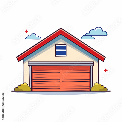 Cartoon Garage with Red Roller Door and Clouds
