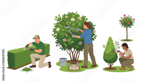 Konstfotografi Garden Pruning and Landscaping Worker Vector Set with Hedge Trimming Scenes