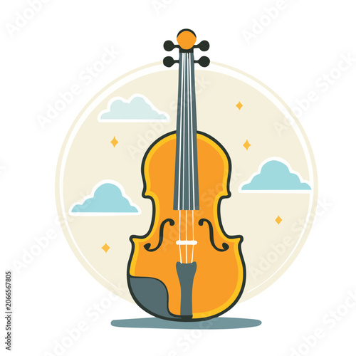 Flat design illustration of a violin with clouds and stars
