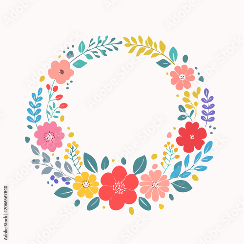 Floral Wreath with Colorful Flowers and Leaves