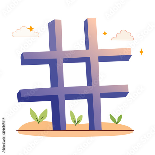 Hashtag symbol with clouds and stars on white background
