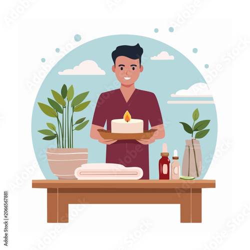 Man holding a lit candle at a spa table with plants and oils