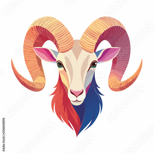 Stylized Ram Head with Colorful Mane and Large Horns