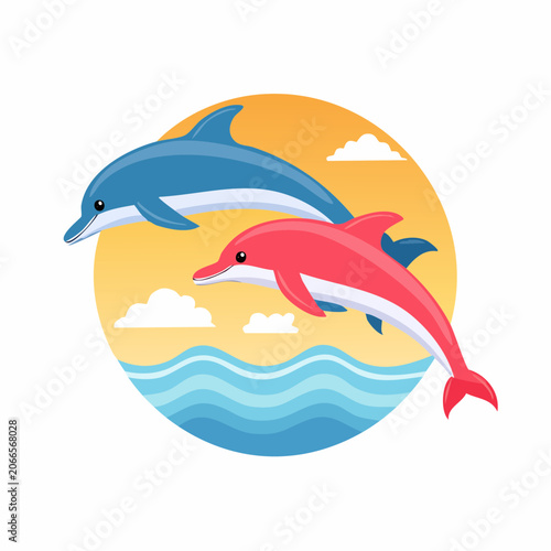 Two Dolphins Jumping in the Ocean with Clouds and Sun