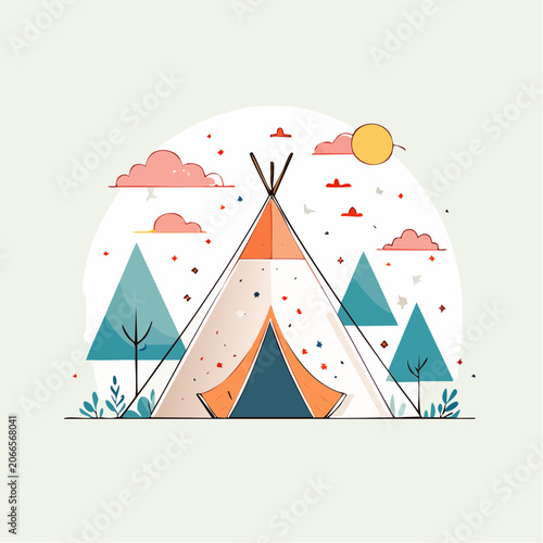 Tipi Tent in a Forest Landscape with Clouds and Sun