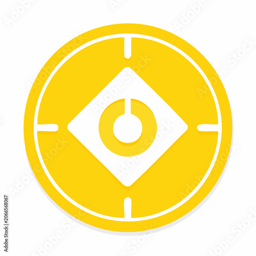 Yellow circle with white diamond and target symbol
