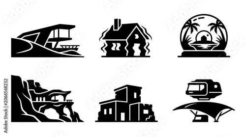 Obraz na plátně Modern Architecture Icons: Houses, Buildings, and Structures