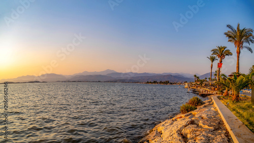 Konstfotografi Waterfront promenade with palm tree and stone embankment at sunset sea bay