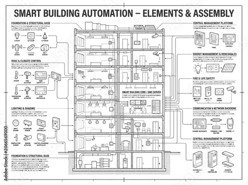Smart building automation cross-section architectural diagram.