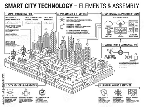 Smart city technology isometric elements and layout.