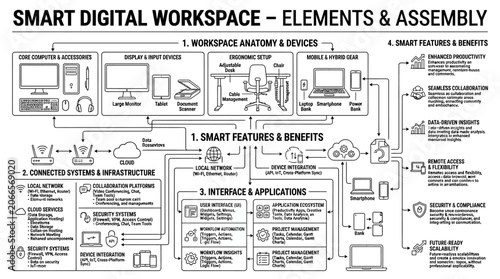 Smart digital workspace anatomy and device assembly diagram.