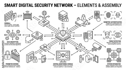 Smart digital security network infrastructure diagram with icons.