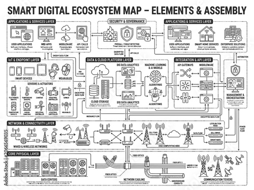 Smart digital ecosystem map with detailed infrastructure and services.