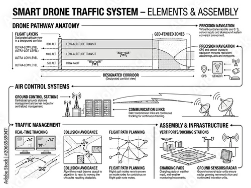 Smart drone traffic system and air control diagram.
