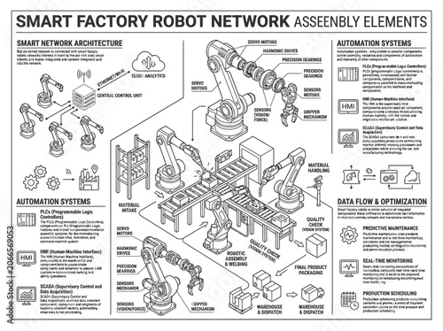Smart factory robot network assembly elements infographic.