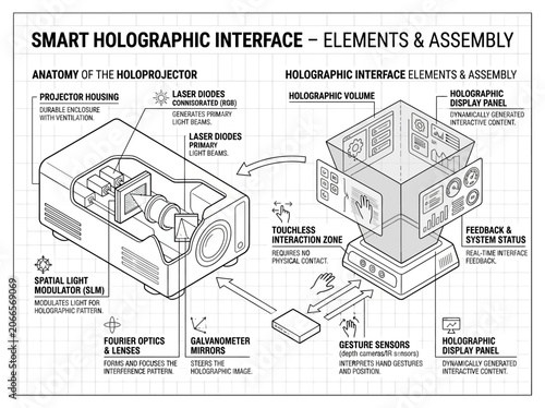 Smart holographic interface technical anatomy and assembly diagram.