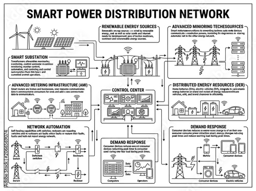 Smart power distribution network infographic with renewable energy.