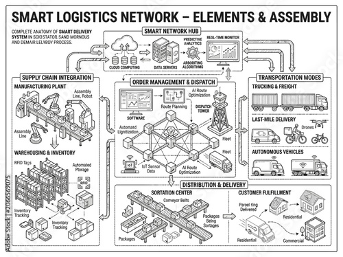 Smart logistics network elements and supply chain infographic.