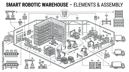 Smart robotic warehouse layout and automation system diagram.