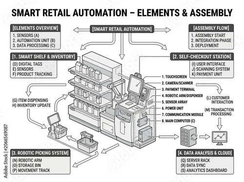 Smart retail automation infographic for inventory and checkout.