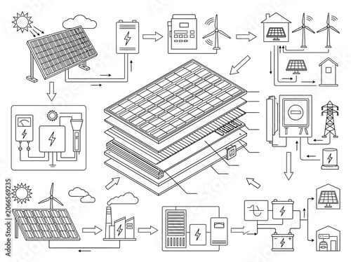 Technical diagram of solar panel construction and grid integration.