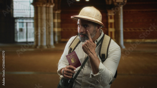 Cuadro en lienzo Man holding passport and pointing finger while standing in a historic building hall with backpack and pith helmet; confidence travel exploration
