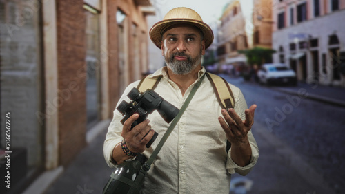 Картината върху платно Middle aged man holding binoculars and backpack on street, wearing pith helmet and bracelets, looking puzzled; curiosity and travel