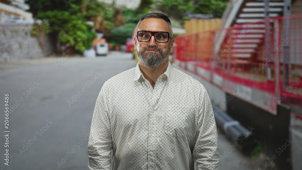 Naklejka premium Man with beard smiling and wearing glasses on street near scaffolding and metal stairs, standing outdoors with blurred vans behind him; joy warmth.