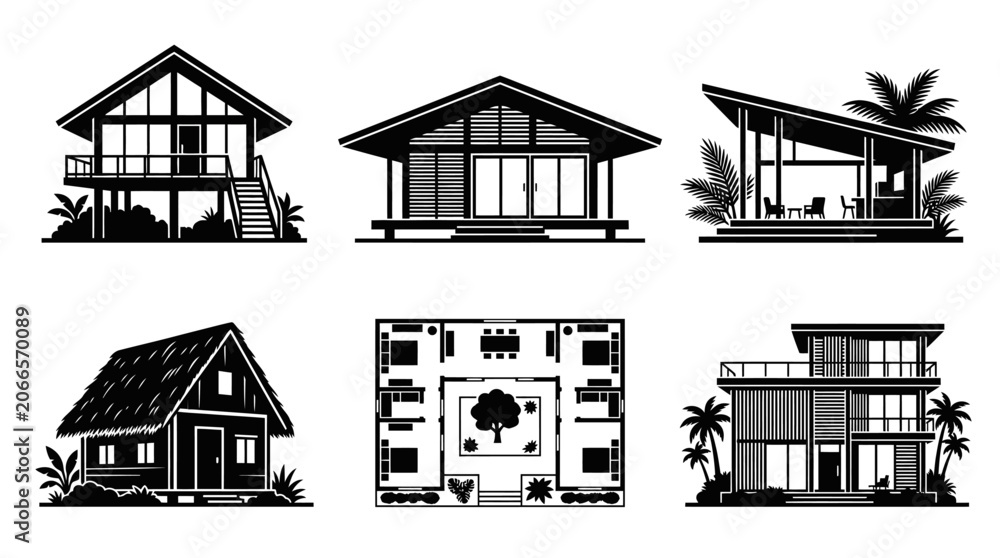 Obraz premium Modern Tropical House Designs Collection Vector Icons