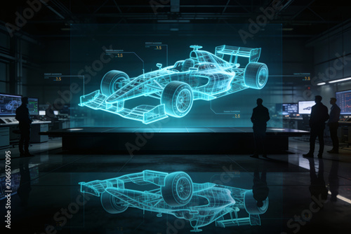 Engineers analyzing racing car technical wireframe hologram in laboratory