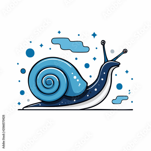 Stylized Blue Snail Illustration with Stars and Clouds