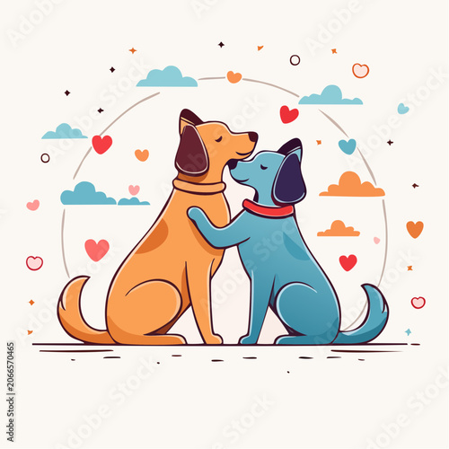 Two Dogs Embracing with Hearts and Clouds