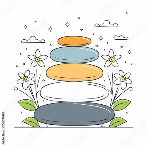Zen Stones Stack with Flowers and Clouds