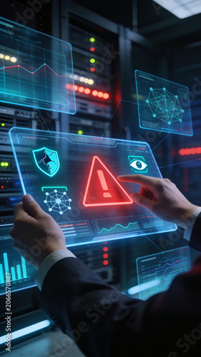IT expert monitoring critical system alert in data center server room