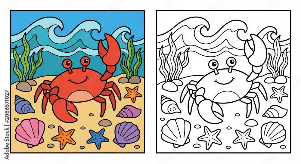 Fototapeta premium Coloring page preview pair of a crab on the ocean floor, showing a colored crab scene beside matching black and white crab line art