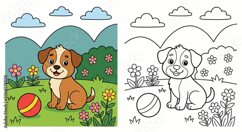 Coloring page preview pair of a puppy with a ball in grass, showing a colored puppy scene beside matching black and white dog line art