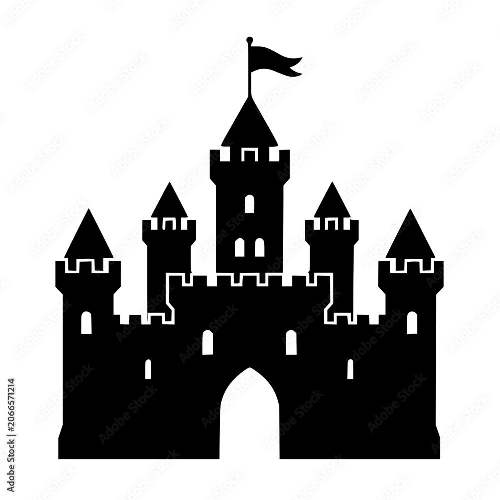 Fototapeta premium Black silhouette of a medieval castle with towers and a flag, isolated on a transparent background. Perfect for fantasy.