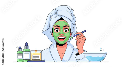 A happy woman with a green face mask applying it with a brush, surrounded by beauty products for a relaxing self-care routine.