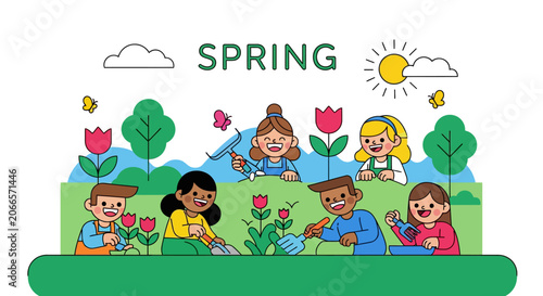 Diverse children planting flowers and gardening outdoors, celebrating the arrival of spring with sunshine and butterflies.