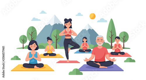 Diverse group of people practicing yoga outdoors in a serene mountain landscape, promoting health and wellness.