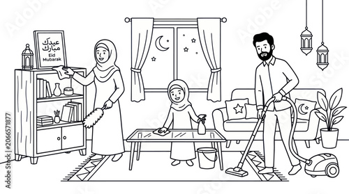 Принти на полотні Muslim family cleaning home together for Eid preparation.