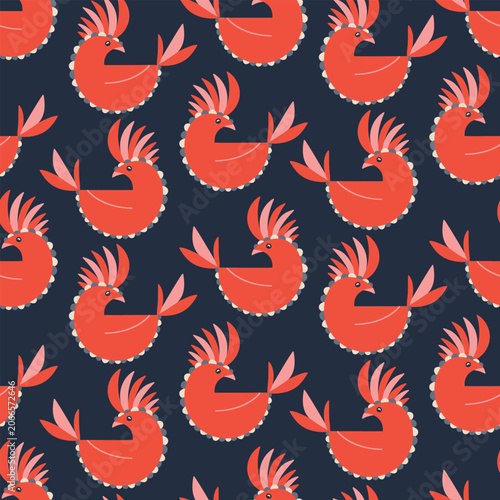Childish seamless vector pattern with funny roosters on a dark navy blue background. Whimsical hand-drawn farm birds texture in a flat doodle style for nursery decor, kids textile, fabric, wallpaper